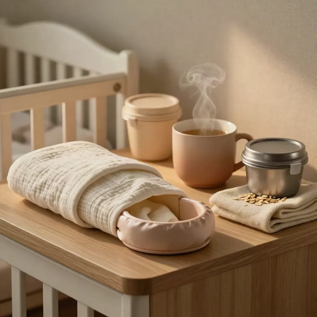 Macro of a nursery-side care station with swaddles, tea, blanket, lamp, and meal prep tubs.
