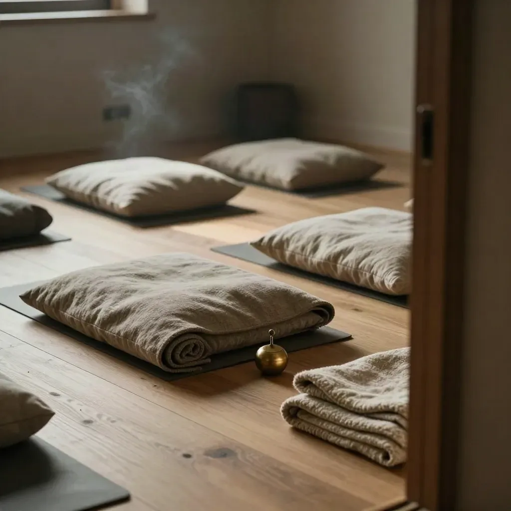 Rolled wool mats, cushions, brass chime, and folded blankets in a sunlit wellness studio.