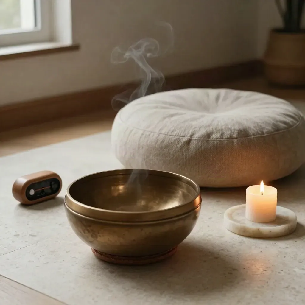 Meditation bowl, zafu cushion, wood timer and candle in a serene travertine corner.