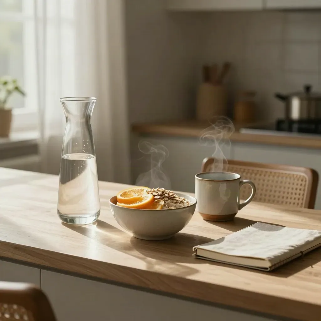 Kitchen counter still life with carafe, oatmeal bowl, citrus, mug, and notebook in warm morning light.