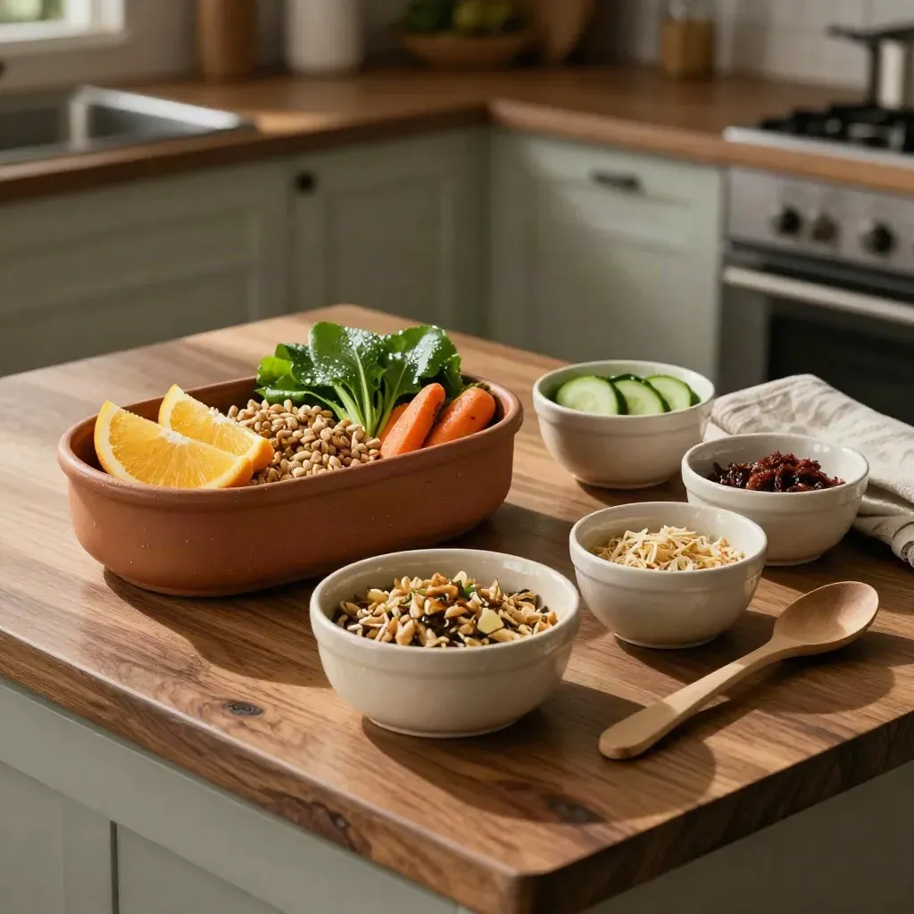 Top-down kitchen island still life with citrus, greens, prep bowls and a meal-prep lunchbox.