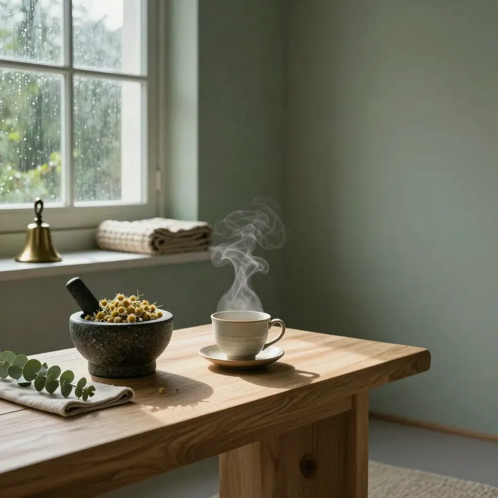 Serene wellness room with chamomile tea, meditation mat, bolster, eucalyptus, and brass bell.