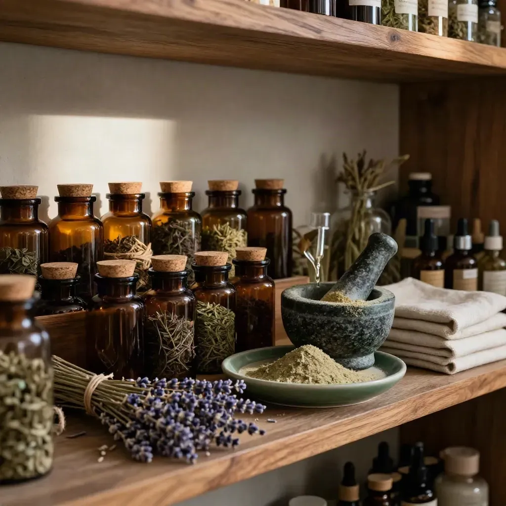 Herbal apothecary shelf with amber jars, lavender, mortar and pestle, and glass droppers