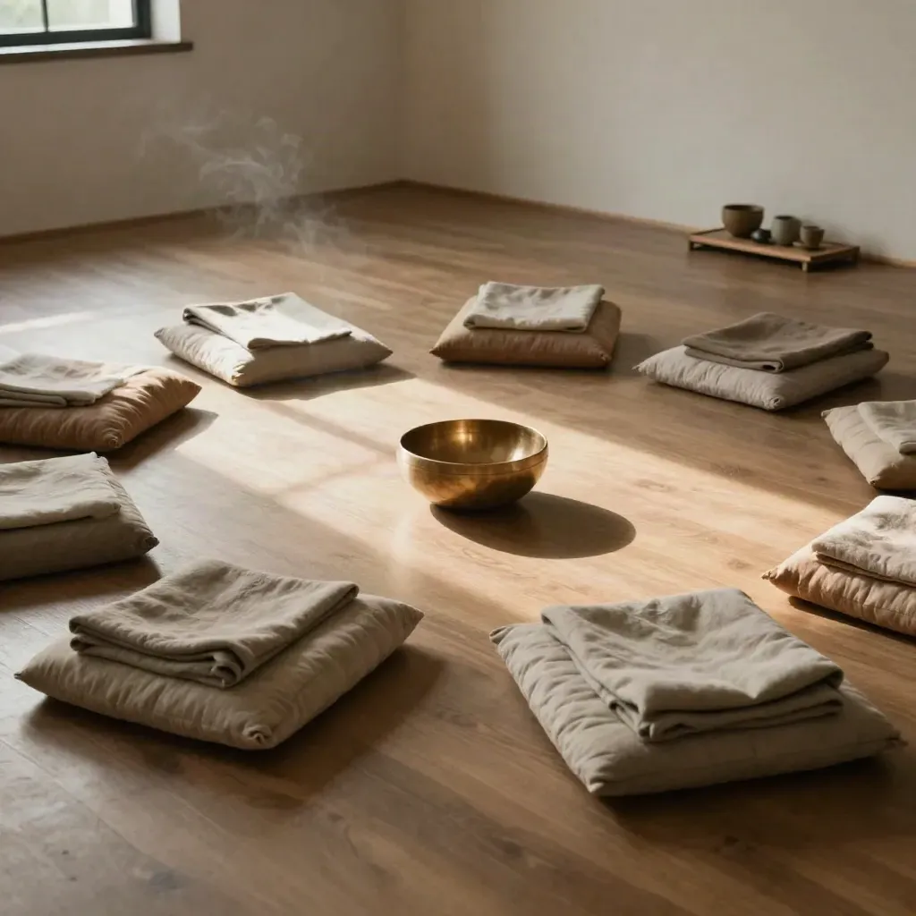 Circle of sage cushions, brass singing bowl, and tea tray in a sunlit mindfulness room