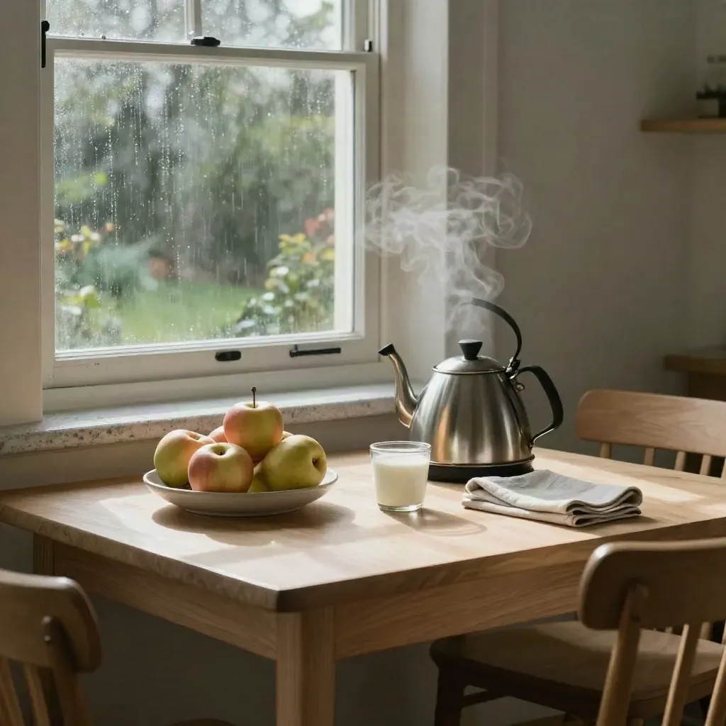 Sunlit breakfast nook with fruit bowl, steaming kettle, yogurt jar and folded napkin by the window.