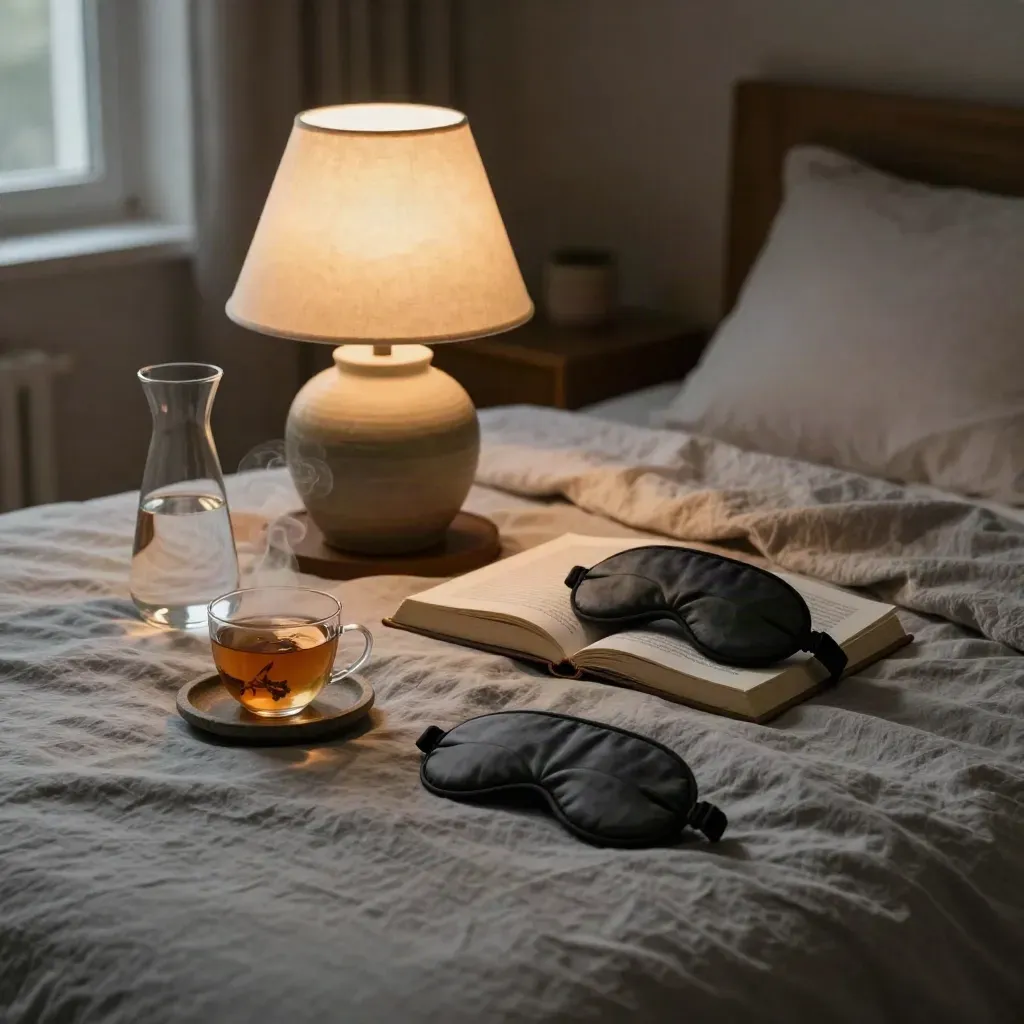 Bedside sleep ritual with lamp, tea, mask, book and carafe beside a neatly made bed.