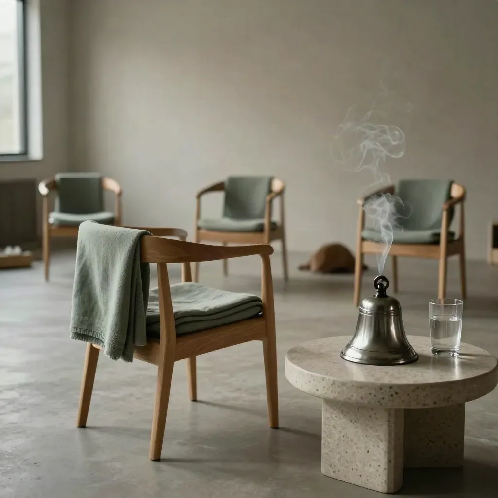 Calm workshop room with circle chairs, folded blankets, bell, and water glasses after a session