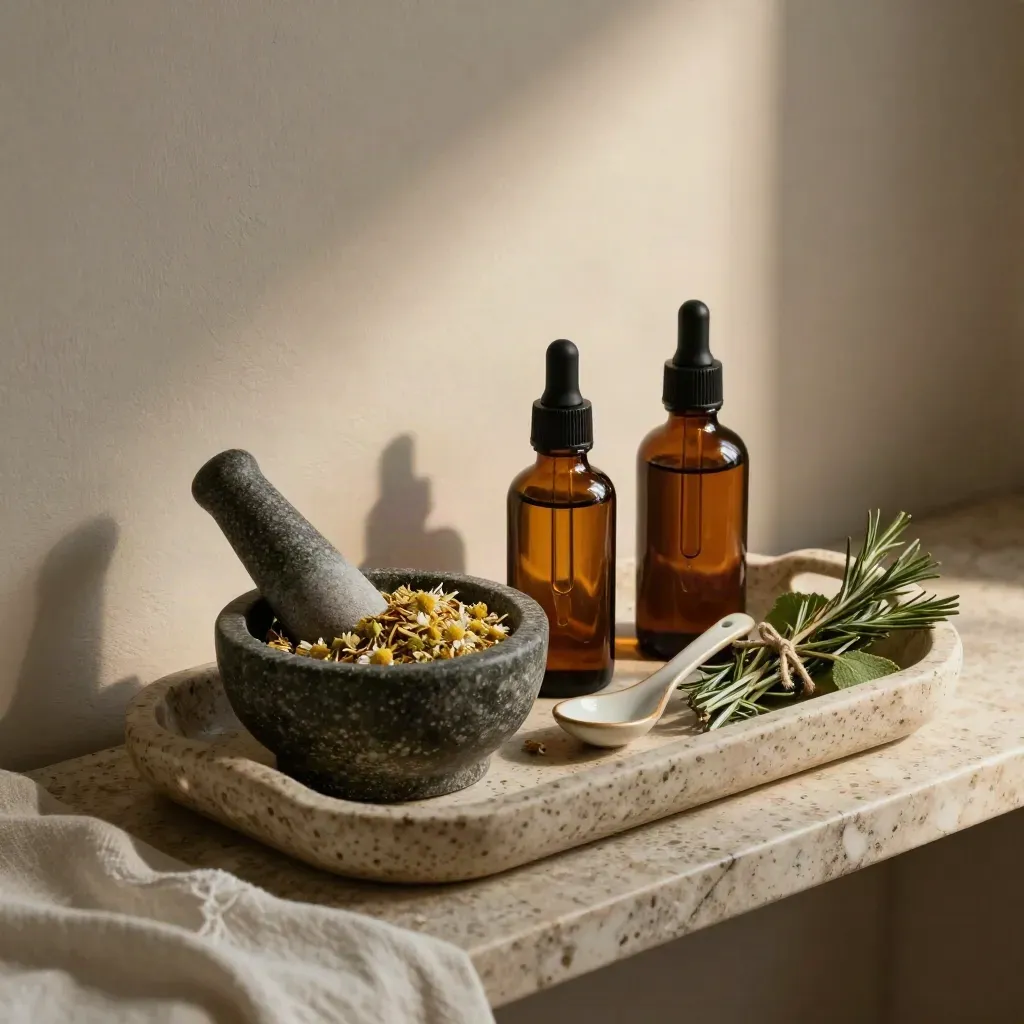 Amber tincture bottles, herb bundles, stone bowl, and spoon on a travertine bedside ledge.