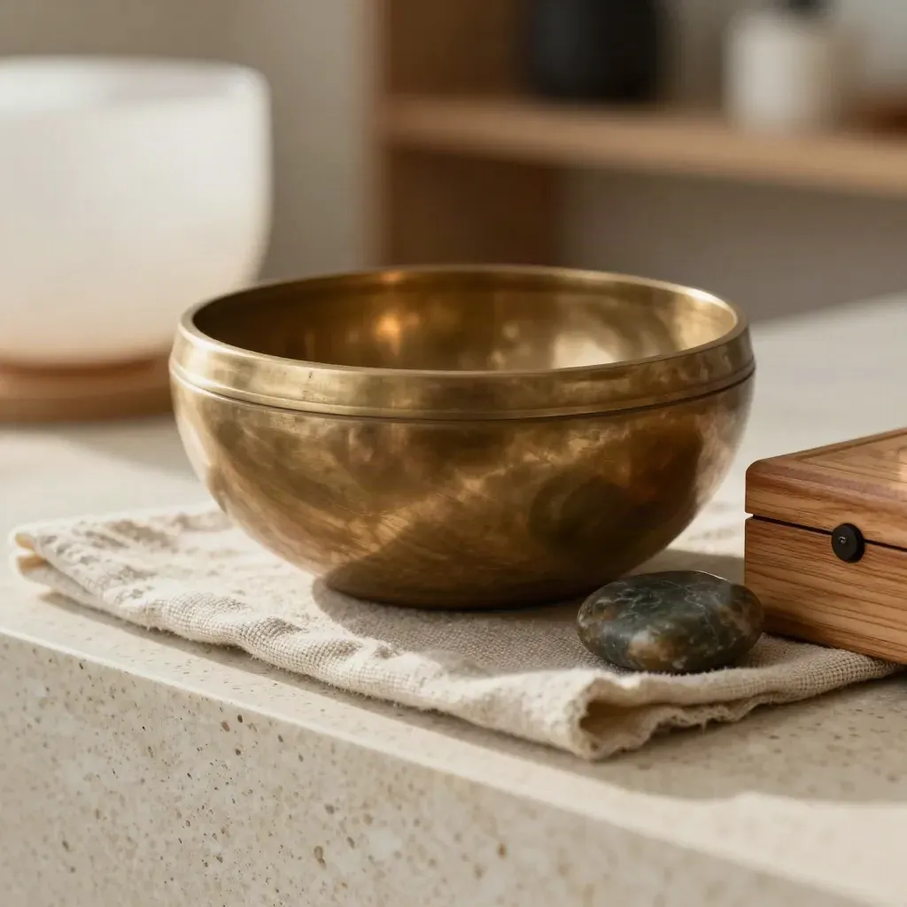 Brass singing bowl, cedar box, rolled linen mat and river stone on pale travertine.