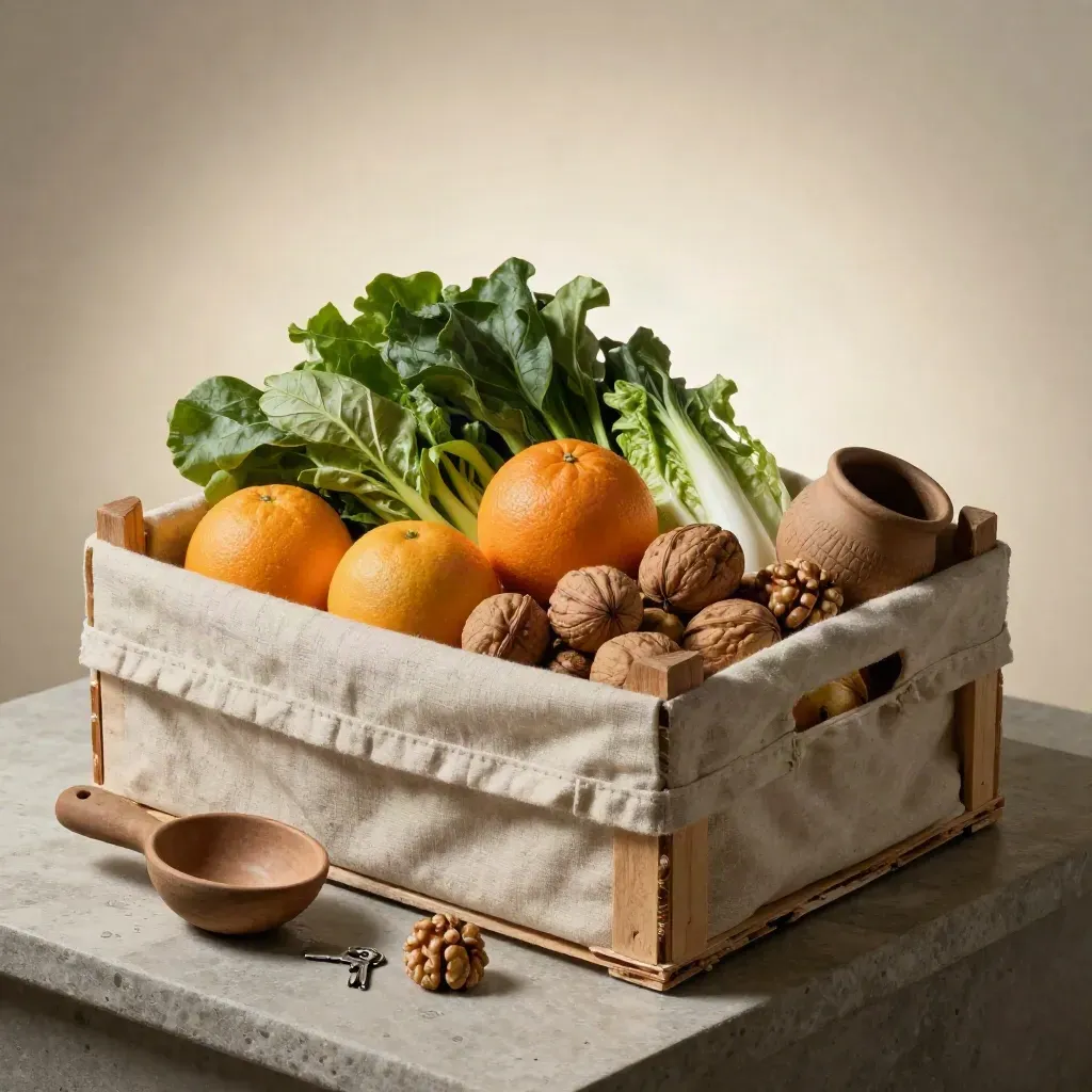 Linen-lined produce crate with citrus, greens, walnuts and a clay scoop on cool stone.