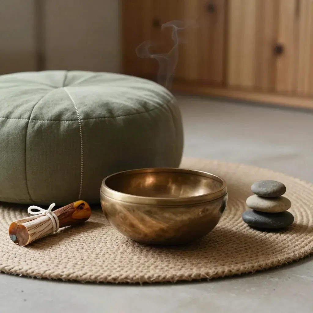 Sage zafu, palo santo, singing bowl and stacked pebbles on a woven mat with incense haze.