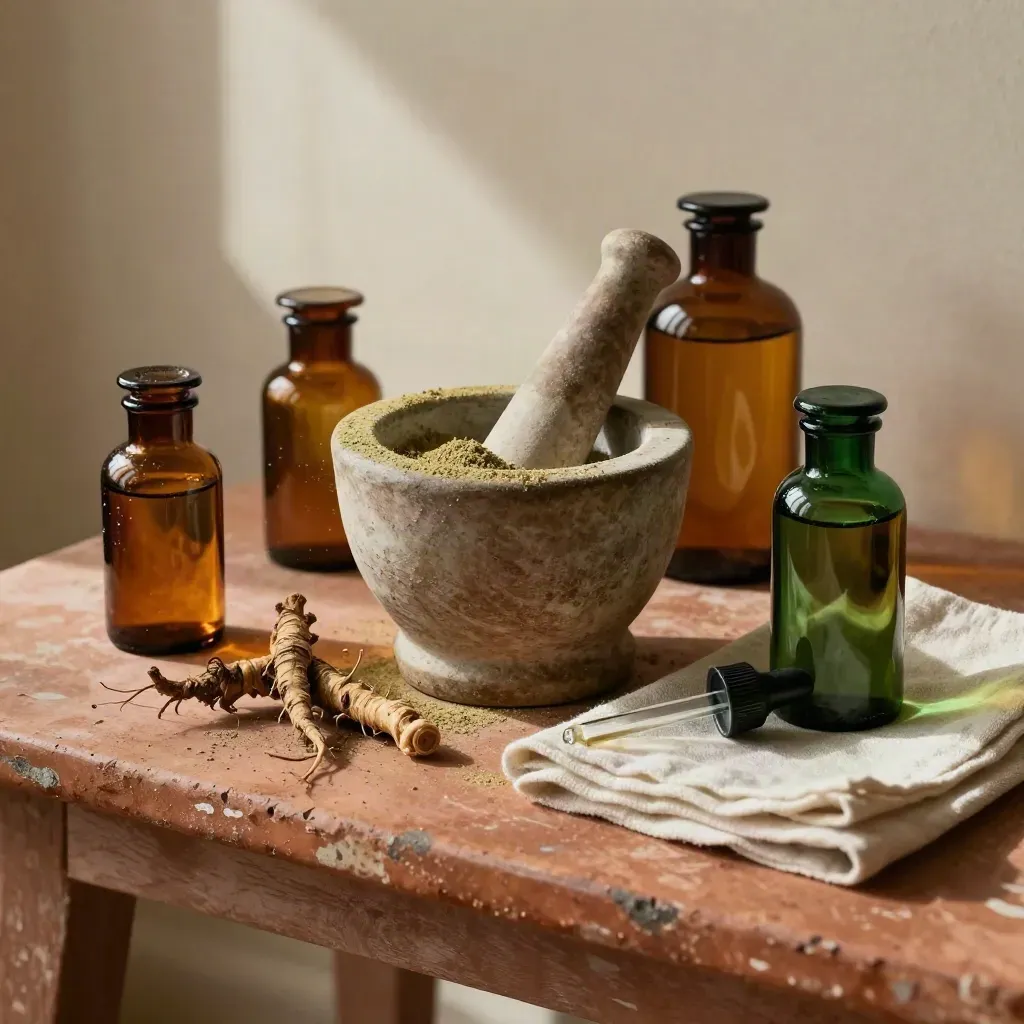 Amber jars, roots, mortar and pestle on a terracotta herbal bench with dust and muslin.
