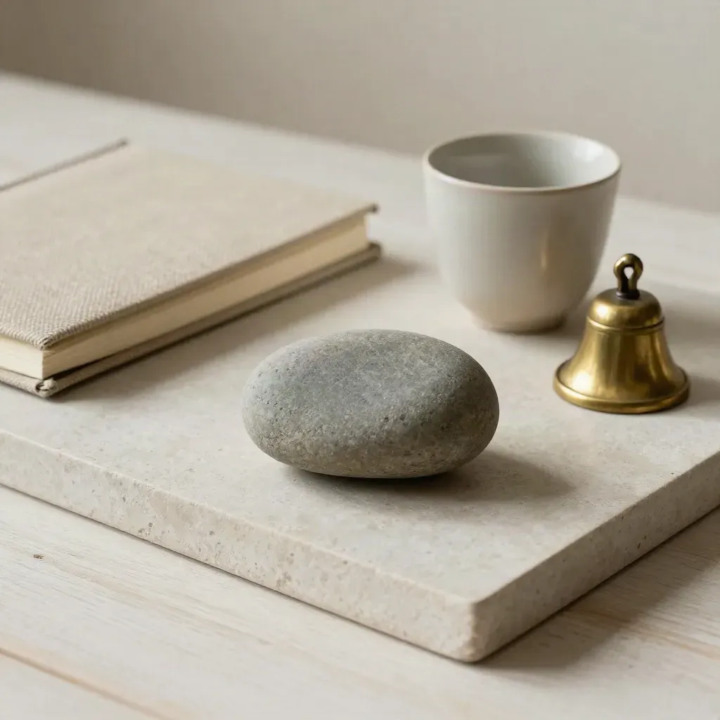 Worry stone, linen notebook, ceramic cup and brass bell on a pale wood tray.