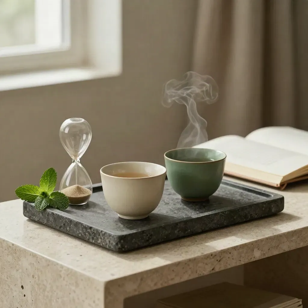 Tea tray with two cups, hourglass, mint bowl and open notebook on limestone sideboard.