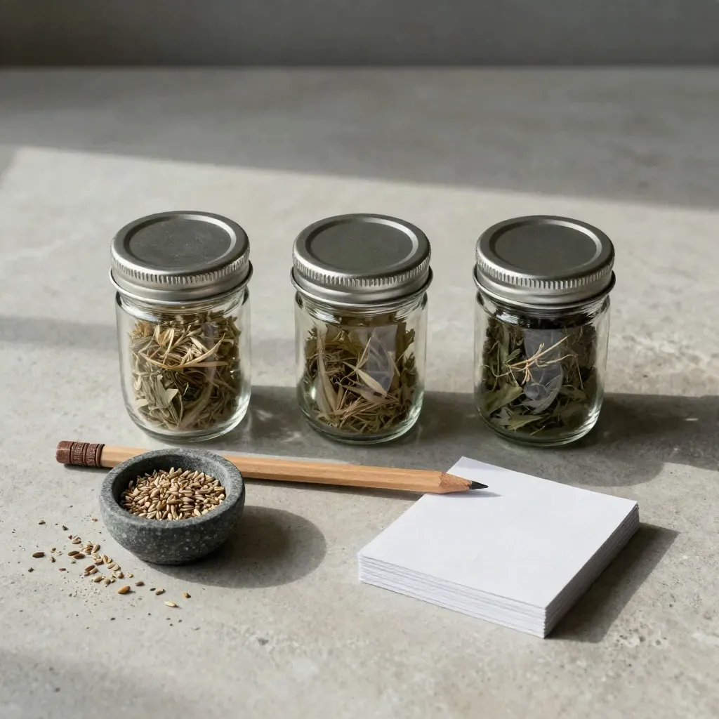 Overhead flatlay of jars, cedar pencil, seed bowl, and face-down cards on stone.