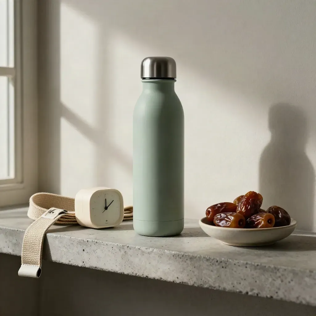 Stone shelf still life with bottle, timer, mat strap, and dates in soft side light.