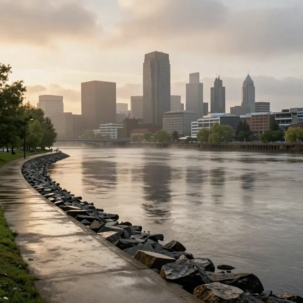 Dawn haze over Portland skyline and the Willamette River, with calm water and tree-lined banks.
