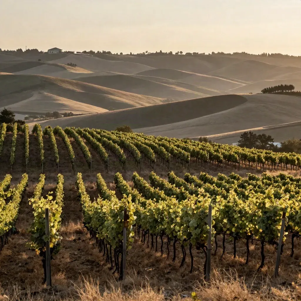 Hazy Willamette Valley vineyard hills with a distant farmhouse at sunset