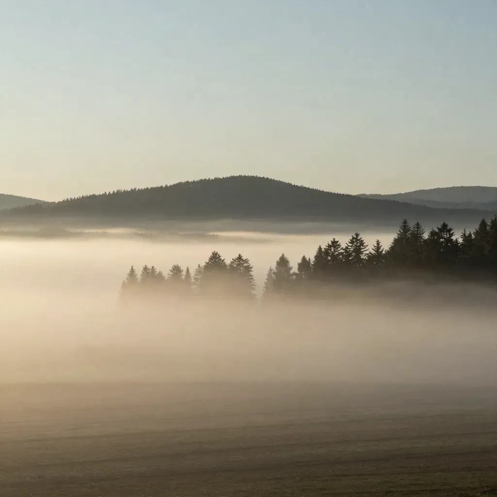 Layered Oregon coast mist and fir ridges above a soft open haze field for headline copy