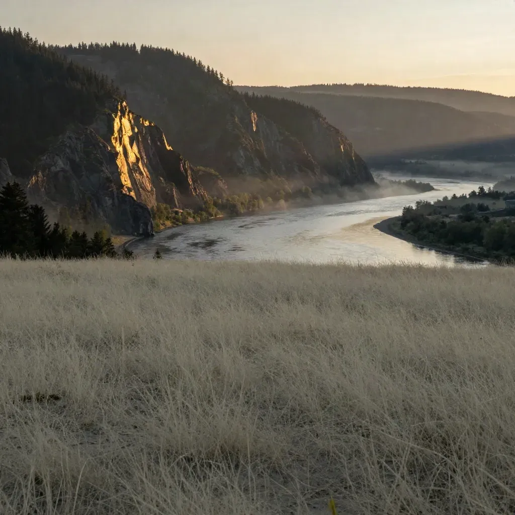 Golden-hour river bend with basalt bluffs and misty evergreens in Southwest Washington.